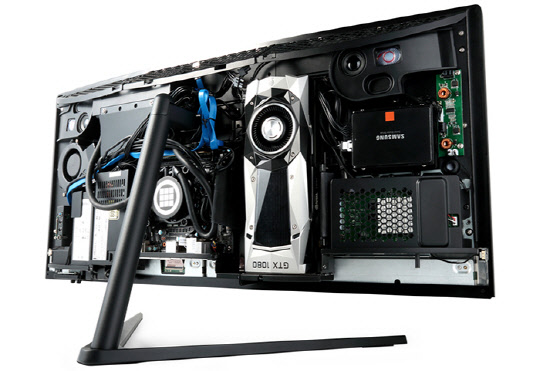 '마이크로닉스 34형 커브드 UWQHD 일체형케이스'는 일체형 수냉 CPU 쿨러가 기본 제공되고 지포스 GTX 1080이 장착되는 등 고성능 구성이 가능하다. 마이크로닉스 제공